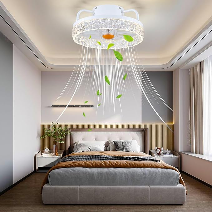White Ceiling Fans with Lights and Remote - Low Profile Flush Mount Ceiling Fans - 13” Modern Bladeless Enclosed Ceiling Fans with Led Light and Stepless Dimming, White Small Ceiling Fan for Bedroom