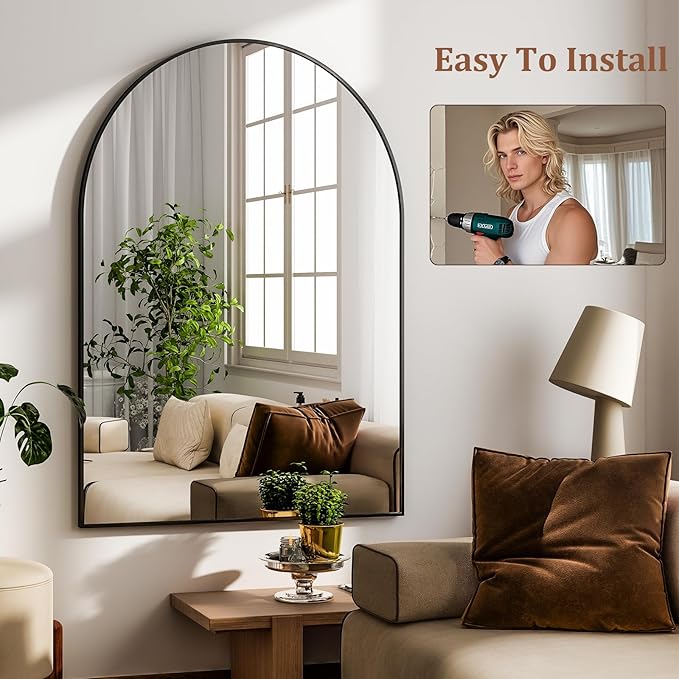 HARRITPURE Arched Wall Mirror 24"x36" – Black Metal Frame Vanity Mirrors for Bedroom, Entryway, Living Room Decor