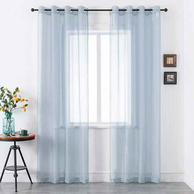 DUALIFE Dusty Blue Sheer Curtains 96 Inch Length for Living Room Decor Set of 2 Panels Grommet Window Look Semi Sheer Transparent Grey Blue Sheer Curtains for Bedroom 52x96 Inches Long Stone Blue