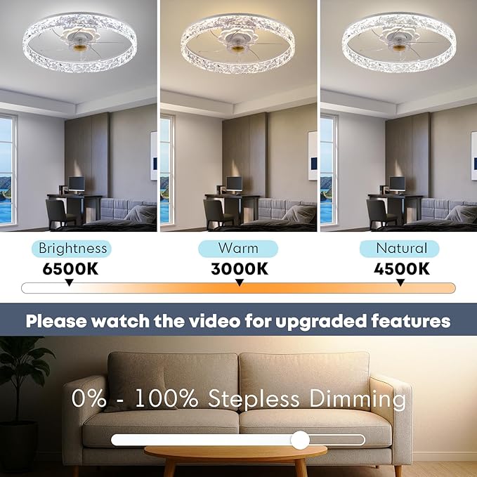 20'' Ceiling Fan with Light, Upgraded Low Profile Fan, Flush Mount Ceiling Fan, 6 Speeds, Dimmable LED, App & Remote Control, Quiet DC Motor, for Bedroom, Living Room, F098 White