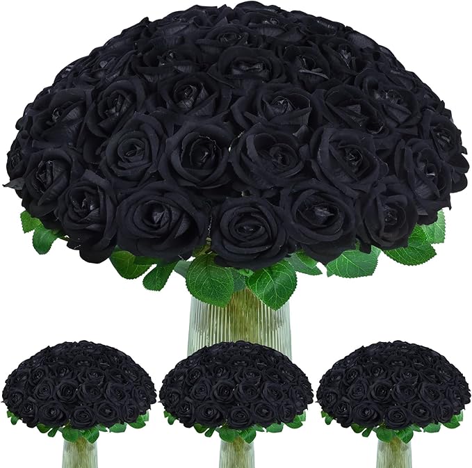 BLEUM CADE 100 Pcs Black Roses Artificial Flowers, Real Touch Velvet Roses Fake Flowers Bulk, Artificial Roses Bouquet with Long Stems Bridal DIY Wedding Party Centerpiece Decorations