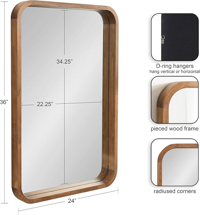 Kate and Laurel Hutton Modern Rounded Rectangle Wall Mirror, 24 x 36, Natural Rustic, Decorative Farmhouse Rectangular Wall Decor for Bathroom Mirror for Over Sink