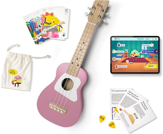Loog Wood Soprano Ukulele for Kids & Beginners, App & Lessons, All Ages (Pink)