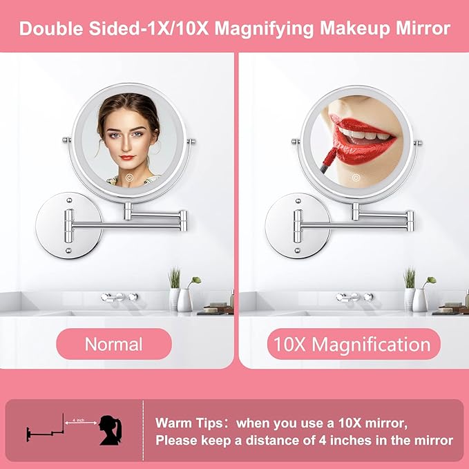 Wall Mounted Makeup Vanity Mirror with Lights, 8” Double Sided 1X/10X Wall Mount Magnifying Bathroom Shaving Mirror with 3 Color Lights, Rechargeable Touch Dimmable Extendable Cosmetic