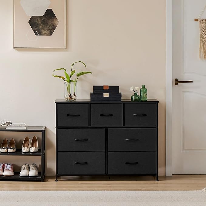 DUMOS Dresser for Bedroom with 7 Drawers, Storage Organizer Units Furniture, Chest Tower TV Stand with Fabric Bins, Metal Frame, Wooden Top for Nursery, Living Room, Bedroom, Closet, Black01
