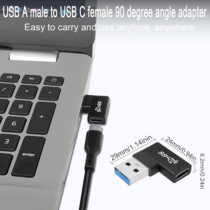 QIANRENON 90° Angle USB 3.1 to USB C Adapter 10Gbps USB A Male to Type C Female Right Angle L-Shaped Connector, for Data Transfer OTG 3A Charging, for PC Laptop Tablet,2Pcs (Right Angle Lateral Bend)