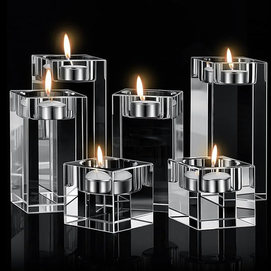 6 Pcs Crystal Tea Light Candle Holders Glass Votive Candle Stands Square Candlestick Holders for Wedding Dining Living Room Centerpiece Decorations, 1.57", 3.15", 3.94"