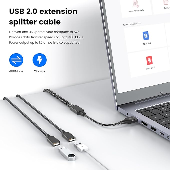 Durable USB A Male to 2 Female Extension Cord - Nylon Braided, Fast Data Transfer, Compatible with Printer, Keyboard, Flash Drive, Hard Drive, PlayStation