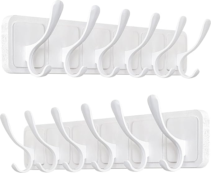 SKOLOO Coat Rack Wall Mount - Scandi-Style Wooden Carved-Block Coat Hook,Pack of 2, Wall Coat Hanger with 6 Hooks for Hanging Coats, Hats, Clothing, Scarfs, White