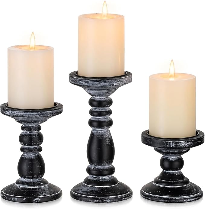 Wood Pillar Candle Holder: 3Pcs Rustic Black Candle Holders for Pillar Candles Wood Candle Holders Distressed Wooden Farmhouse Candle Holder Large Rustic Candle Holder for Fireplace Table
