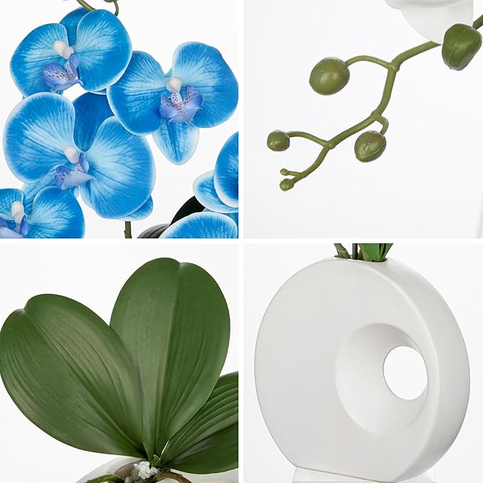 Briful Artificial Orchid Flowers in Modern Ceramic Vase 15.7" Tall Blue Faux Orchid Arrangement Silk Orchid Flower Fake Orchid Centerpiece for Home Office Room Wedding Table Décor