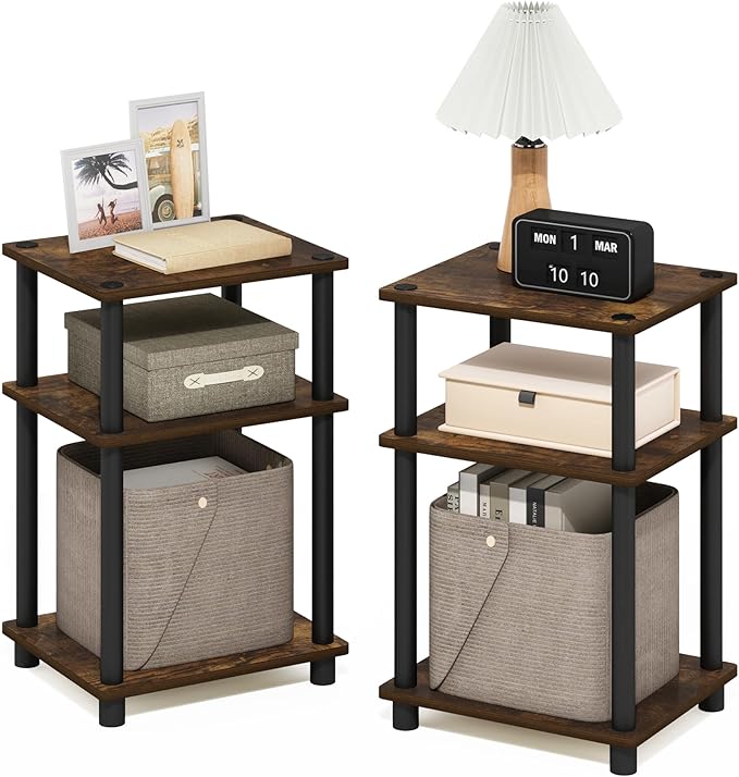 Furinno JUST Side Table Set of 2, 3-Tier End Tables, Open Shelves Night Stand, Nightstand, Toolless Assembly, for Living Room, Bedroom, Amber Pine
