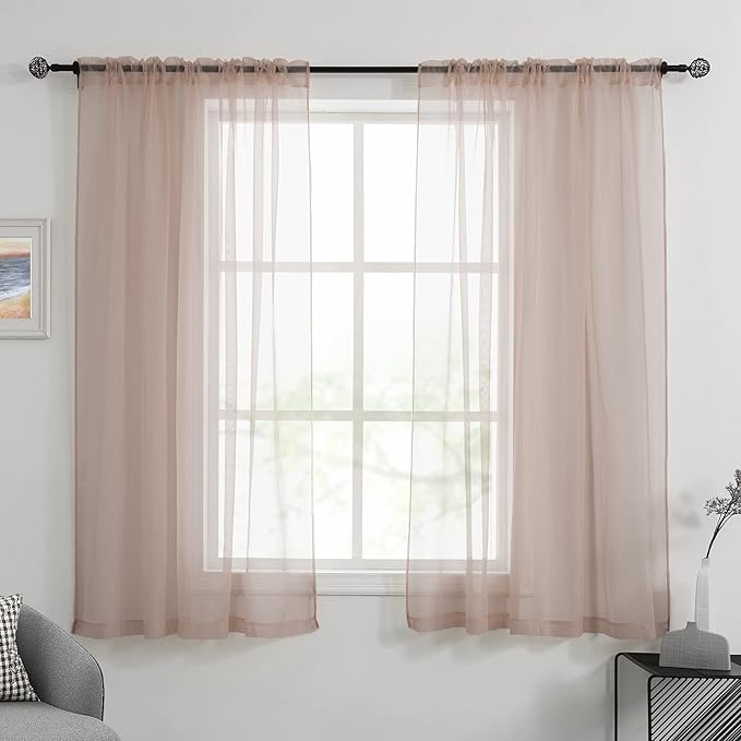 HUTO Blush Pink Sheer Curtains 54 inches Long for Bedroom Top Rod Pocket Sheer Window Panels Curtains for Nursery Living Room 52 by 54 Inch Length Set of 2 Panels