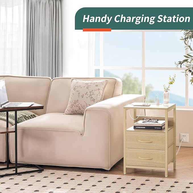 Yoobure Nightstand with Charging Station, Small Night Stand with Fabric Drawers and Storage Shelf for Bedrooms, Nightstands for Small Spaces, Bedside Table with USB Ports & Outlets, Bed Side Table