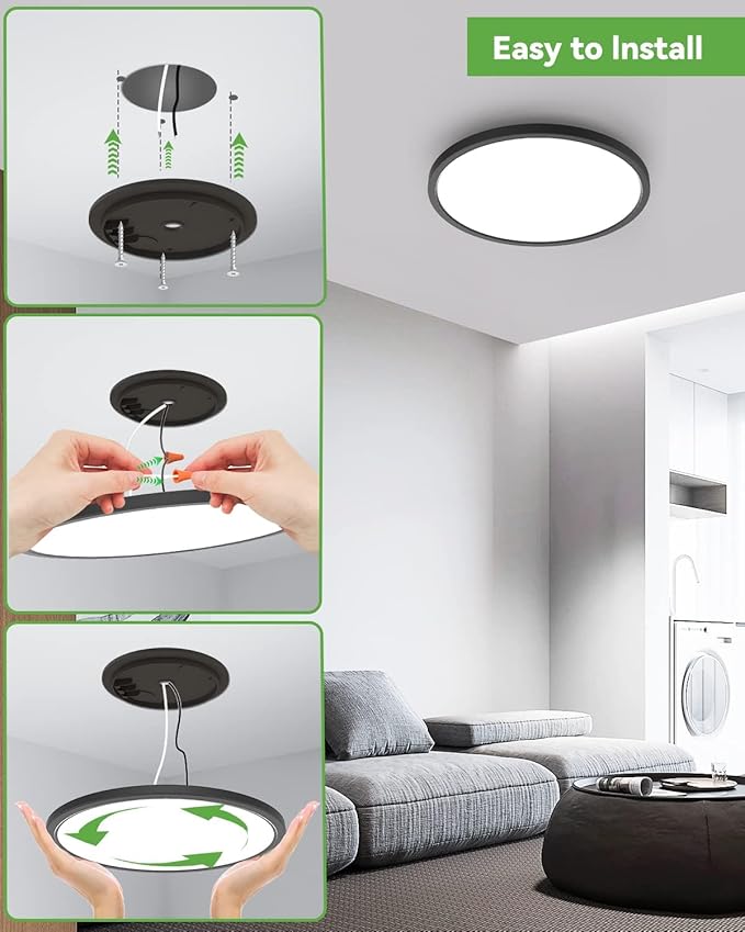 Zemty 8Pack 12 Inch LED Flush Mount Light, 28W 3200lm Super Slim Ceiling Light Fixture, 3000K/4500K/6000K Selectable Ceiling Lamp for Bedroom, Bathroom, Kitchen, Living Room (Black)