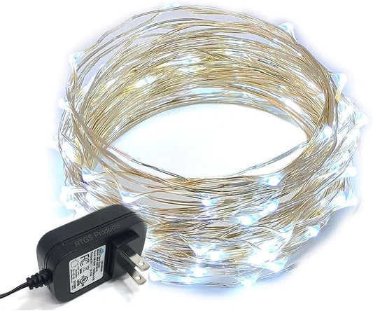 100 LEDs Cold White Color String Lights Plug-in Silver Wire Indoor and Outdoor 32 Feet Firefly Starry Fairy Lights for DIY, Christmas, Holidays, Party, Bedroom and Centerpieces