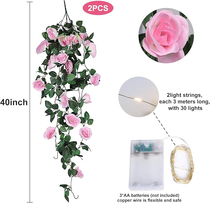RECUTMS Hanging Flowers Artificial Rose Flower 2PCS 3.3Ft for Outdoors with 30 LED Fairy String Lights Fake Outdoor (Pink)