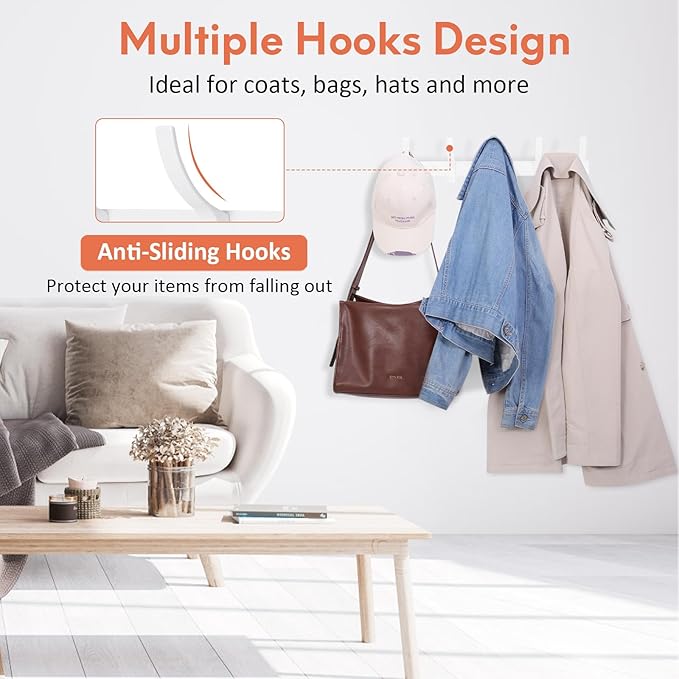 Coat Rack Wall Mount, Coat Hook Wall Mount, Wall Hooks for Hanging, Hat Rack for Walls, Coats Hanger with 10 Hook, Towel Hooks for Bathrooms (1 Pack, White)