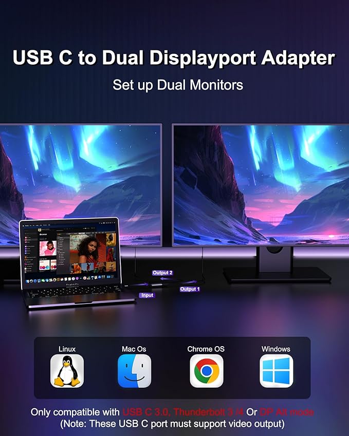 USB C to Dual DisplayPort Adapter, 4K@60Hz Display Port Splitter for Dual Monitors, Type C to DP Dual Monitor Converter Compatible for Dell XPS 13 15,Lenovo Yoga,Sumsung Chromebook,HP etc