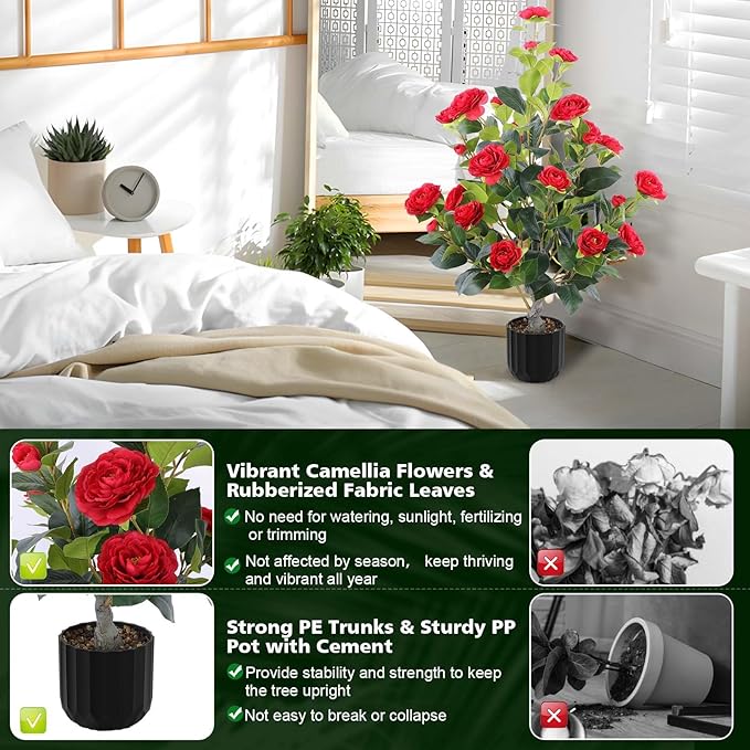 Hananona 2 Pcs Artificial Camellia Trees Faux Camellia Plant in Pot with Flowers Indoor Plants for Spring Home Decor Outdoor Porch Front Door Decor (Red, M)
