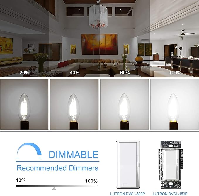 Honesorn Candelabra LED Bulb, E12 Small Light Bulbs 5000K Daylight Dimmable - 60W Equivalent Ceiling Fan Bulbs Type B Edison Filament Candle Bulbs, C35 B11 Clear Glass Chandelier Bulbs 600LM,Pack of 6