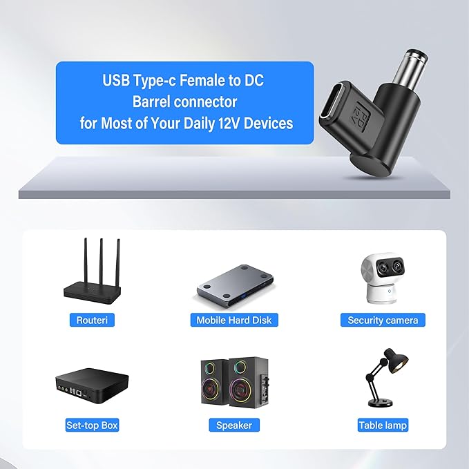 PNGKNYOCN 12V USB C to DC 5.5 x 2.1mm Converter,90 Degree DC 5.5 x 2.1mm Male to USB C Female PD Emulator Trigger Adapter,for Camera, Router，LED Light（4-Pack）