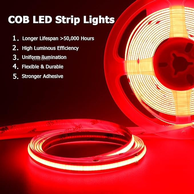 TOPAI 12V COB LED Strip Light Red 16.4ft Waterproof IP65 Dotless High Density 480LEDs/M Super Bright Cuttable Flexible LED Tape Light for Cabinet Home DIY Lighting Projects