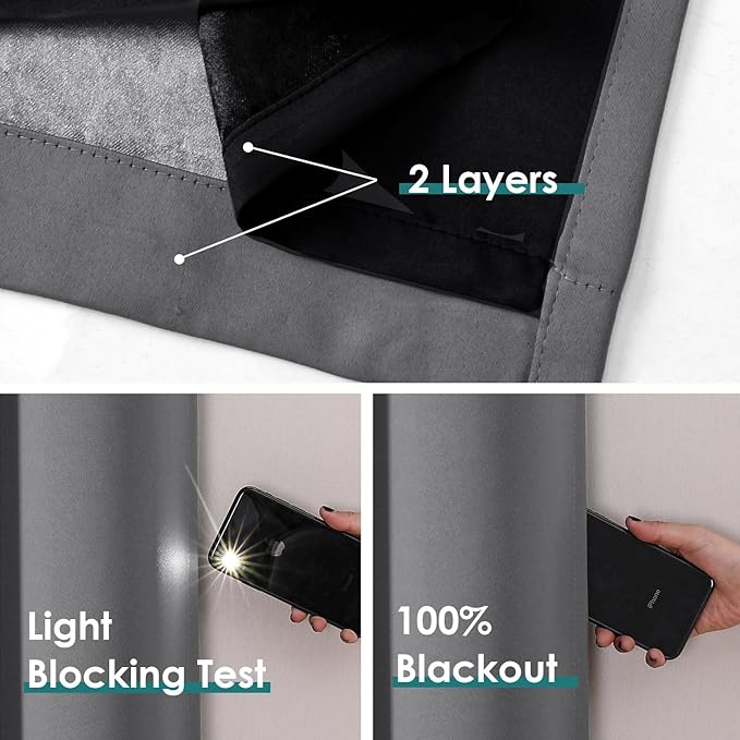 ChrisDowa 100% Blackout Curtains 84 inch Long for Bedroom with Black Liner, Extra Wide 2 Thick Layers Total Blackout Thermal Insulated Grommet Window Curtains 2 Panels Set (Grey, 60 x 84 Inch)
