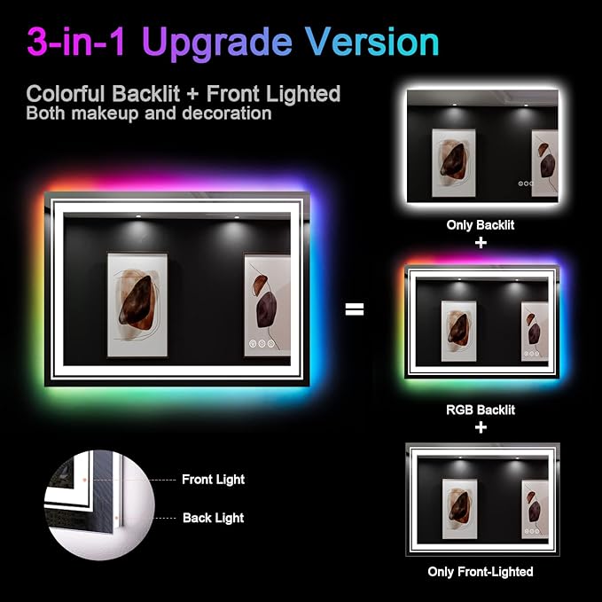 LED Mirror for Bathroom, 28"X36" with 8 RGB Backlit +3 Front Lit (Adjustable Individually), Anti-Fog, Lighted Bathroom Vanity Mirror for Wall, Shatterproof, Memory Function, Tempered Glass