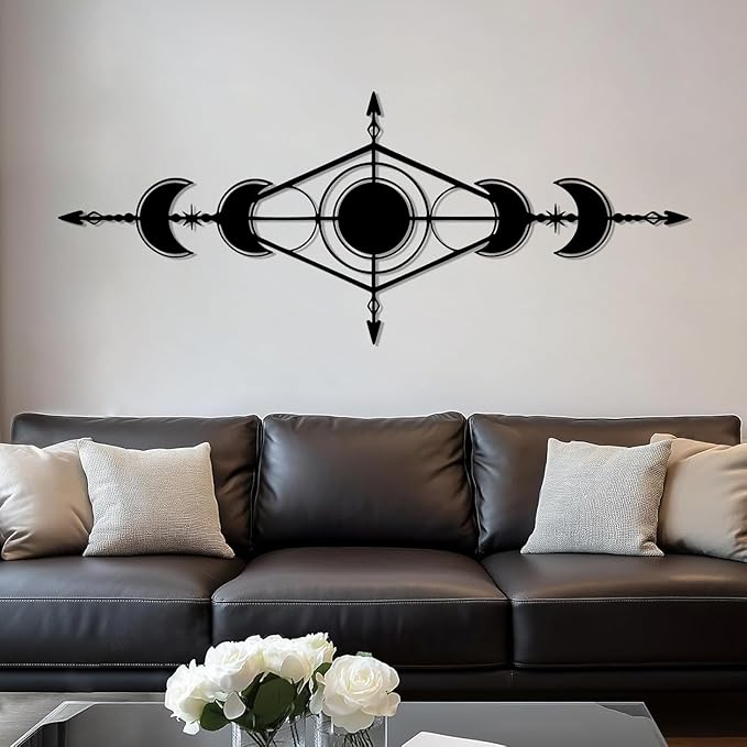 Hfrolixit Moon Phase Metal Wall Decor, Boho Moon Metal Wall Art, Celestial Wall Decor, Scandinavian Natural Wall Art, Astrology Wall Hanging (Silver, 30"x12"/76x31cm)