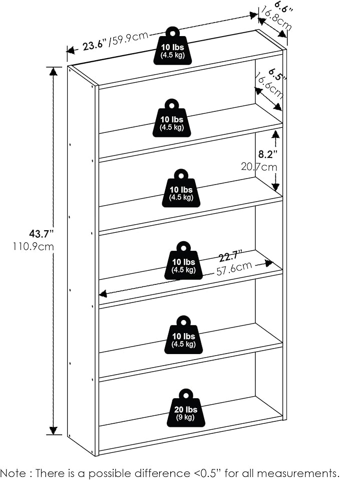 Furinno Basic Book Shelf, 5-Tier Bookshelf, Cube Storage Organizer Bookcase with Open Shelf, 7 x 24 x 44, for Living Room, Bedroom, Home Office, Amber Pine