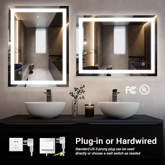 32x24 LED Bathroom Mirror with Lights LED Mirror for Bathroom Smart Vanity Makeup Mirror,Anti-Fog,Stepless Dimmable with Adjustable Color,Touch Switch,Memory Function,Shatterproof Design