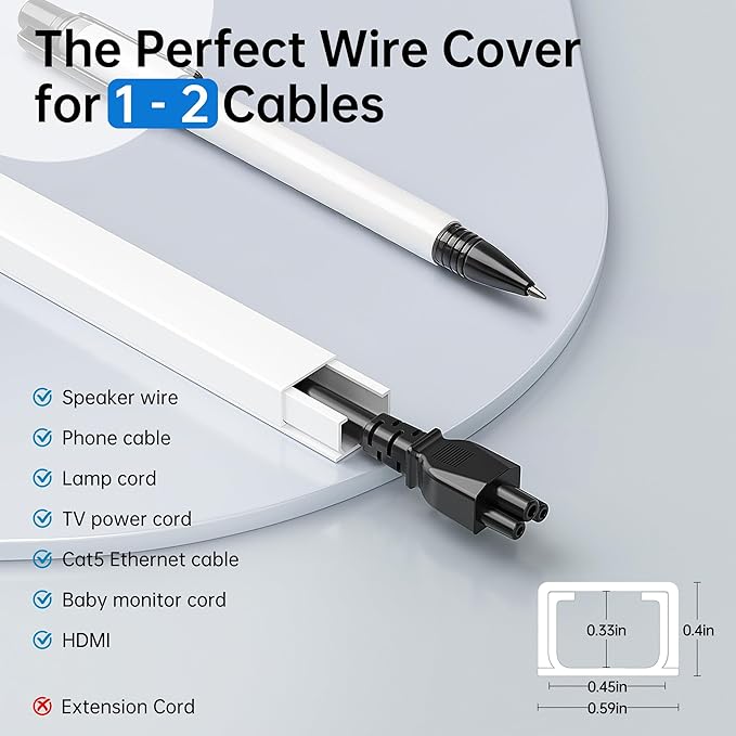 Delamu Cable Hider, 315in Cord Covers for Wires on Wall, One-Cord Cord Hider, Paintable Wire Hiders Wire Covers for Cords, Cable Management for Hiding 1-2 Small Wires, 20x L15.7 W0.59 H0.40in, White
