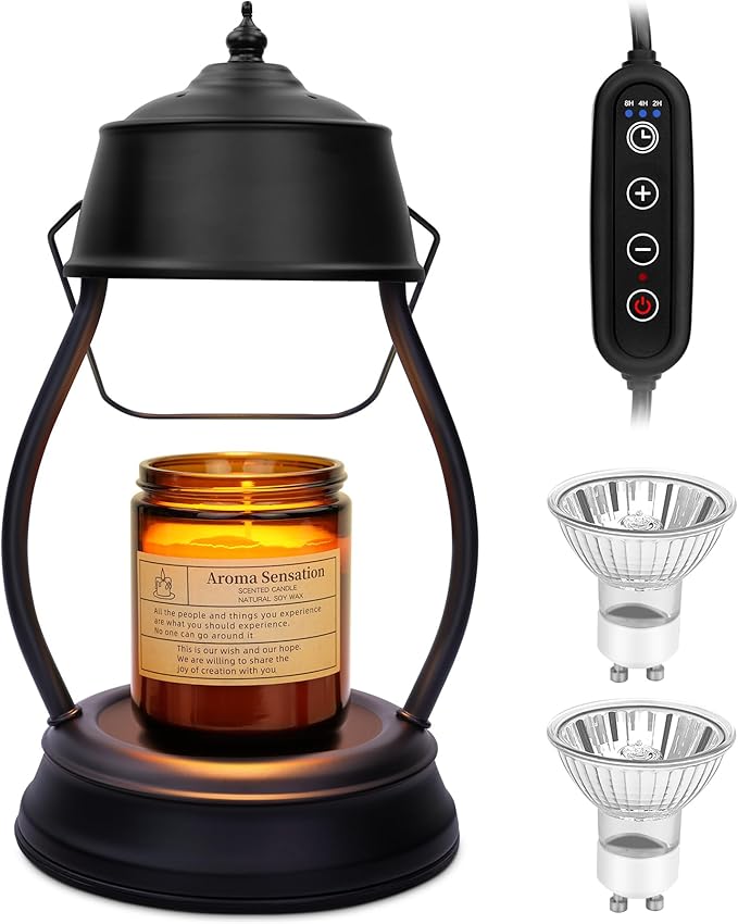 Candle Warmer Lamp, Dimmable Candle Warmer Lantern with Timer, Birthday Gifts for Women Mom, Dad and Fathers, House Warming Gifts, Black Large Lantern Candle Lamp for New Home Bedroom Decor