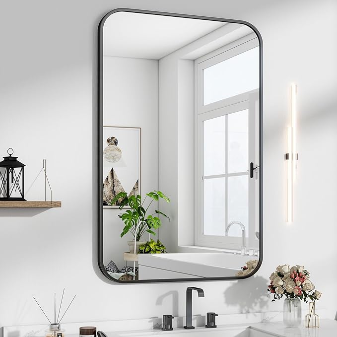 HARRITPURE Rectangular Bathroom Mirror 38''x26'' Black Bathroom Wall Mirror Aluminum Frame Wall-Mounted Mirrors for Entryway Bedroom Living Room