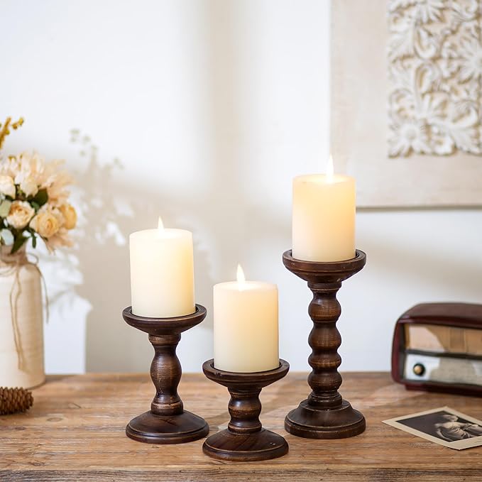 Romadedi Wood Candle Holders for Pillar - Set of 3 Tall Rustic Vintage Wooden Candlestick Holder, Farmhouse Candle Stand for Fireplace Mantle Shelf Table Retro Home Decor, Dark Brown, 3.9"/6"/ 8.3"