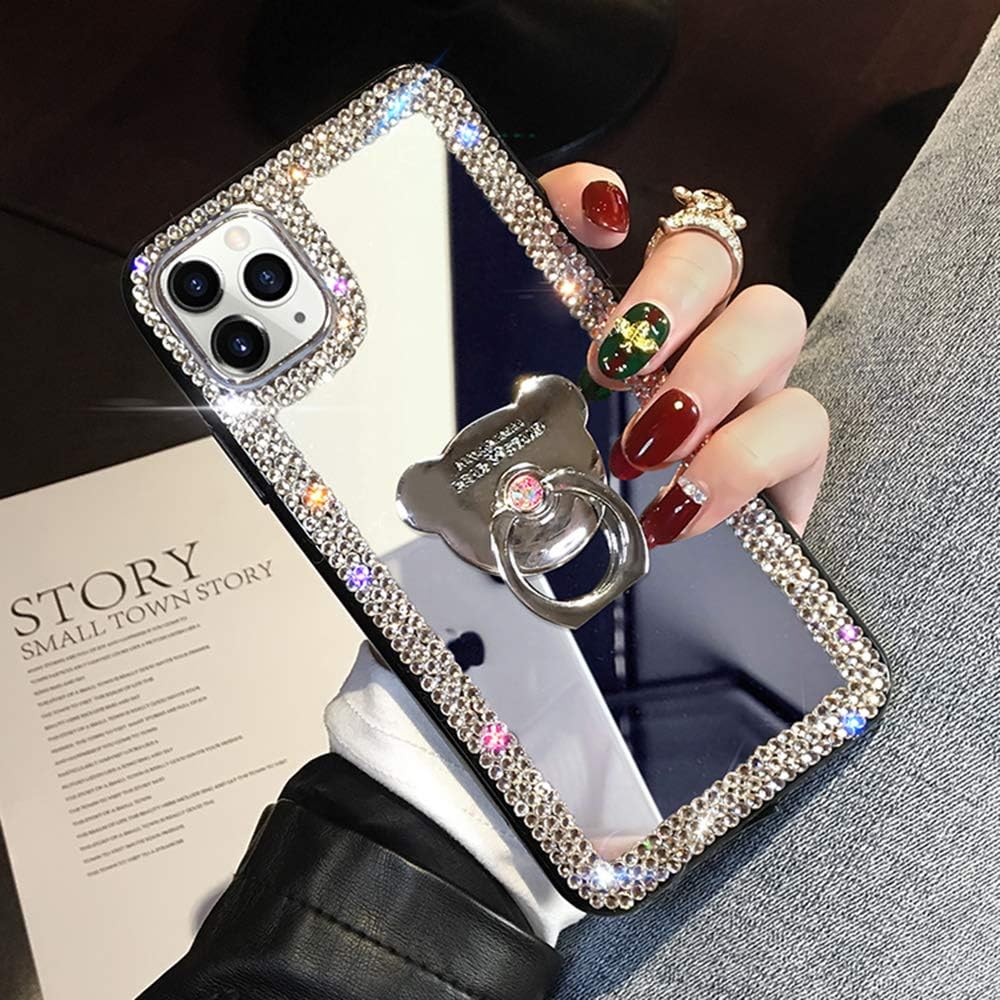 LUVI 6.7 inch Compatible iPhone 12 Pro Max Diamond Glitter Case with Makeup Mirror, Ring Holder, Bling Rhinestone