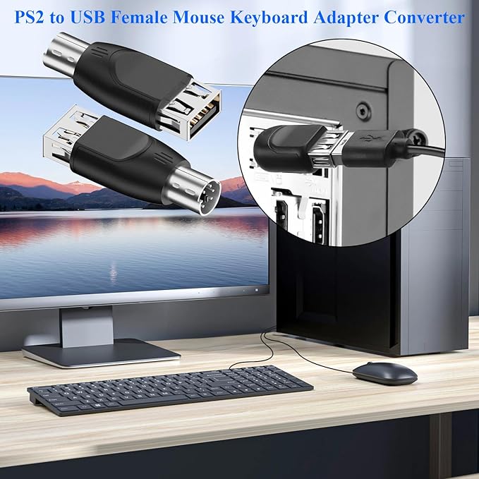 QIANRENON PS2 to USB Mouse Keyboard Converter PS/2 Male to USB A Female Adapter PS2 Plug to Type A Socket Connector, Not Support Hot Swapping, for PC Barcode Scanner, 2Pcs