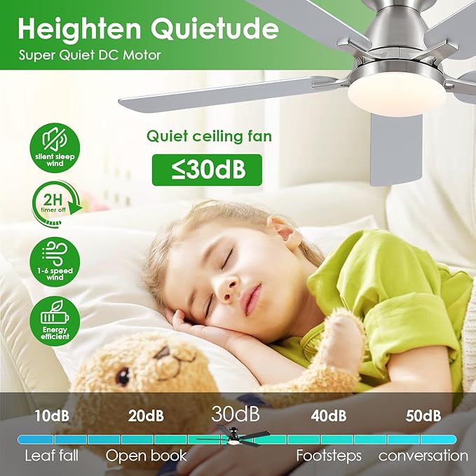 Ceiling Fans with Lights, 52" Flush Mount Ceiling Fan with Light and Remote/APP Control, Low Profile, Modern Ceiling Fan Reversible, Dimmable, Noiseless, Ceiling Fan for Bedroom，Brushed Nickel