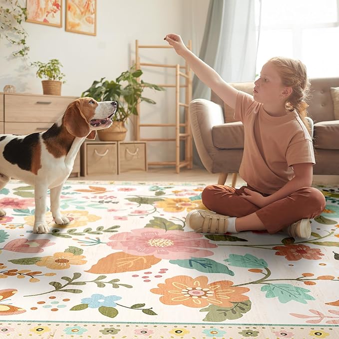 Floral 2x10 Area Rug Machine Washable Soft Print Boho Carpet Non Slip Doormat Low Pile Flower Area Rugs for Living Room Bedroom Nursery Kitchen Dining Room Indoor-Beige/White/Orange