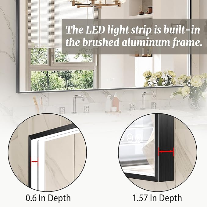 60x36 Inch LED Bathroom Mirror, Black Metal Framed Lighted Mirror for Bathroom, Wall Mouted LED Vanity Mirror with Lights, 3 Colors and Stepless Dimmable, Anti-Fog, Memory