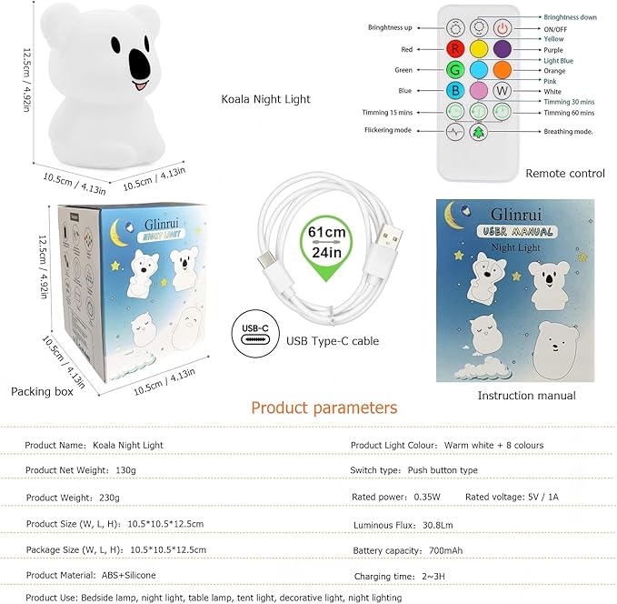 Koala Night Light for Kids Silicone Bedside Bedroom Lighting, Baby Nursery Light Sleeping NightLights, Color Changing Lamps - Eye Caring, Adjustable Brightness & Color, Time Setting - Medium