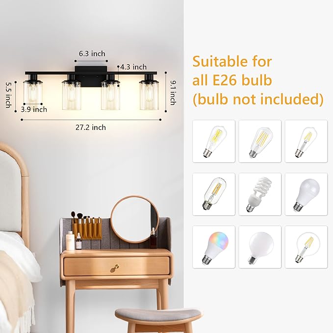 Black Bathroom Vanity Light Fixtures Over Mirror 4-Light Vanity Lighting Fixtures Wall Sconce Lamp