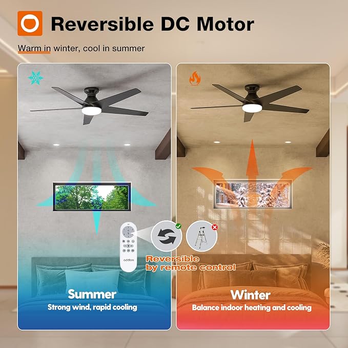 addlon Ceiling Fans with Lights, 52 inch Low Profile Ceiling fan with Light and Remote Control, Flush Mount, Reversible, 3CCT, Dimmable, Noiseless, Black Ceiling Fan for Bedroom, Indoor/Outdoor Use