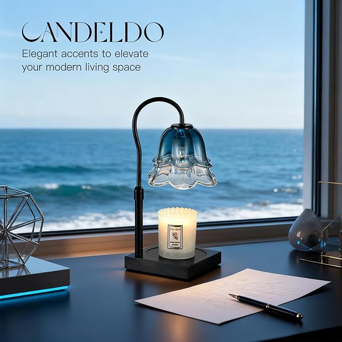 Candle Warmer Lamp with Timer: Navy Blue Flower Candle Warming Lamp with 2 Bulbs Height Adjustable Wax Warmer Dimmable Bedroom Decor Birthday Gift for Women