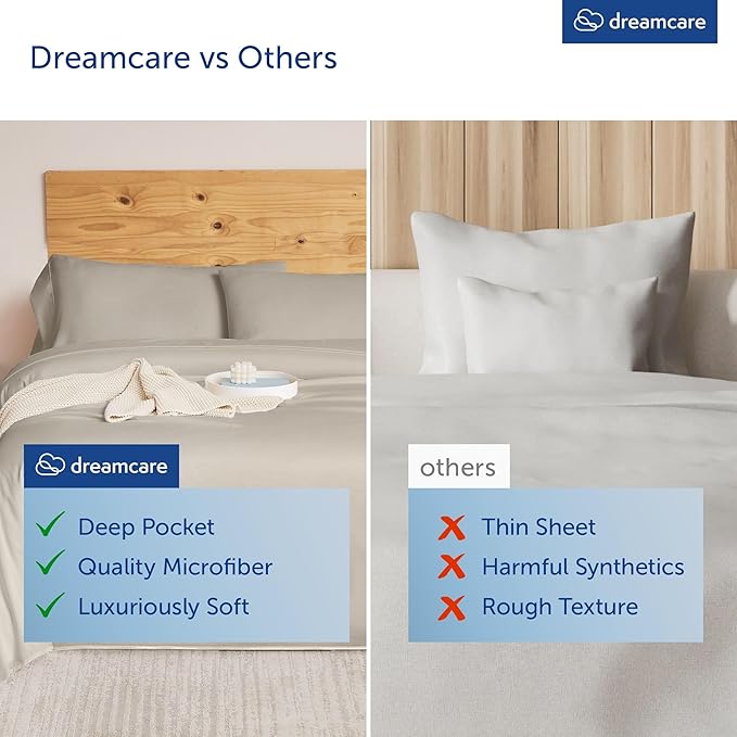 DREAMCARE Queen Size Sheets - Cooling Bed Sheets - 4pcs Set - up to 15" Deep Pocket Queen Sheet Set - Sheets Queen Size Bed - Soft & Long Lasting 100% Fine Microfiber with Side Pocket - Beige