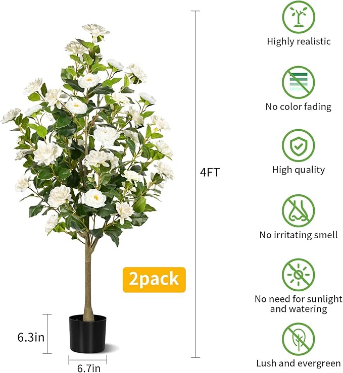 Artificial Camellia Tree 2 Pack, Artificial Plants Outdoor Faux Floral Plant in Cement Pot Fake Silk Camellia Tree Plants for Home House Living Room Office Decor
