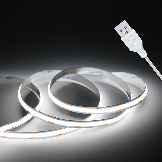 Led Strip Lights, 5V USB LED Lighting COB Short LED Strip Light White Flexible Not Dimmable led Light for Display Cabinet, Living Room,DIY Home COB Lighting Decor tv Lights (3.28FT 6500K)