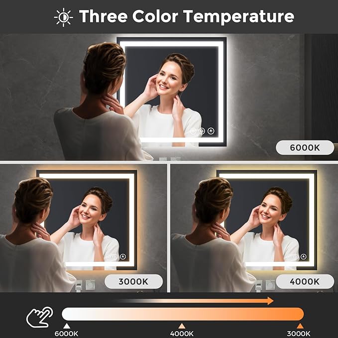 Koonmi 36x36 LED Bathroom Mirror, Backlit + Front Lit, LED Bathroom Mirror with Lights for Wall, 3 Colors, Anti-Fog, Dimmable Brightness, Memory Function, Tempered Glass