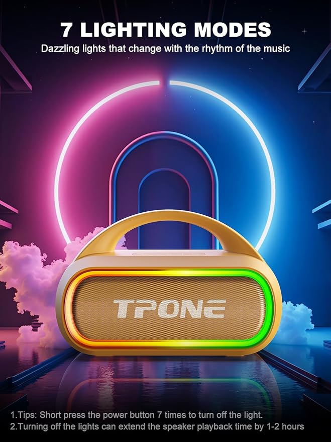 TPone Portable Bluetooth Speaker, 30W (Peak) Wireless Speaker for Outdoor, Up to 12H Playtime, IPX5 Waterproof with Light, TWS Pairing, for Home/Party/Outdoor/Beach, Birthday Gift (Peach Fuzz)